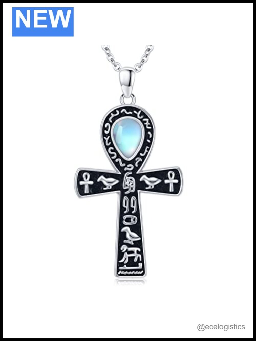 925 Sterling Silver Ankh Cross Pendant Necklace Moonstone Kabbalah